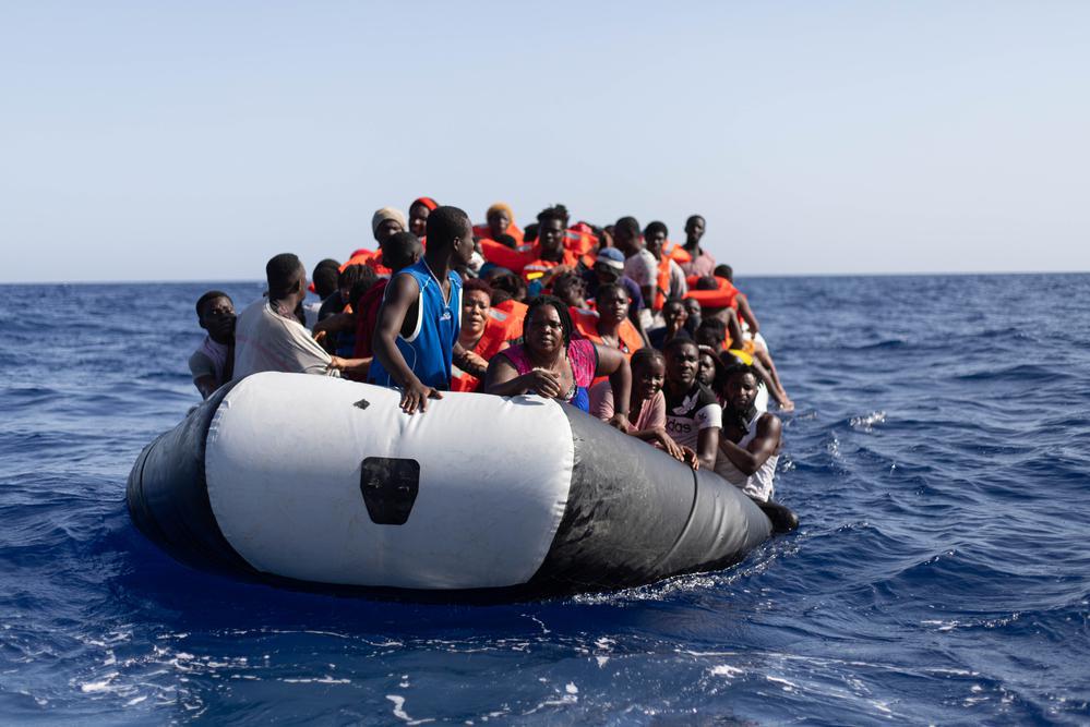 Following an alert from the Alarm Phone, a hotline for boatpeople in distress, the MSF team rescues a rubber boat in distress with 79 people, including 32 minors. (Geo Barents, August 2022, @Michela Rizzotti)