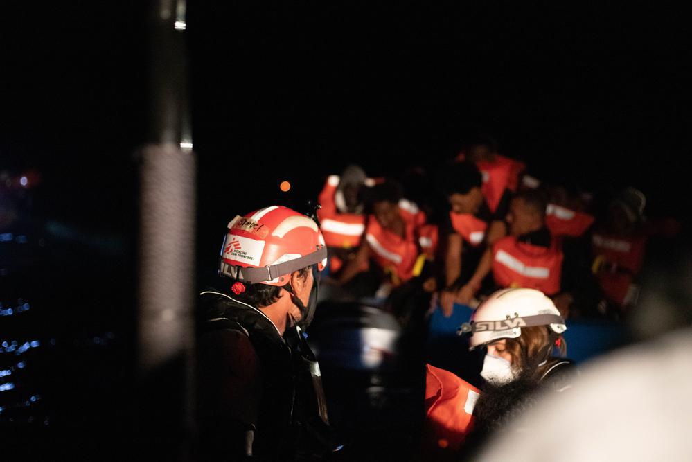 The MSF team rescues a wooden boat in distress spotted from the bridge. There are 61 people aboard, including 21 minors and very young children. (Geo Barents, August 2022, @Michela Rizzotti)
