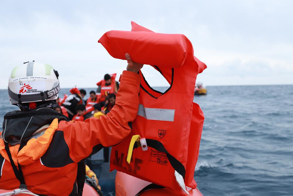 The MSF team rescues 48 people, including nine minors, from a wooden boat in distress located in international waters near Libya. (Geo Barents, February 2023, @Mohamad Cheblak)