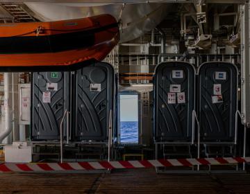 The 'shelter deck' is prepared for the arrival of survivors before the ship arrives in the search and rescue region. (Geo Barents, December 2022, @Mahka Eslami)